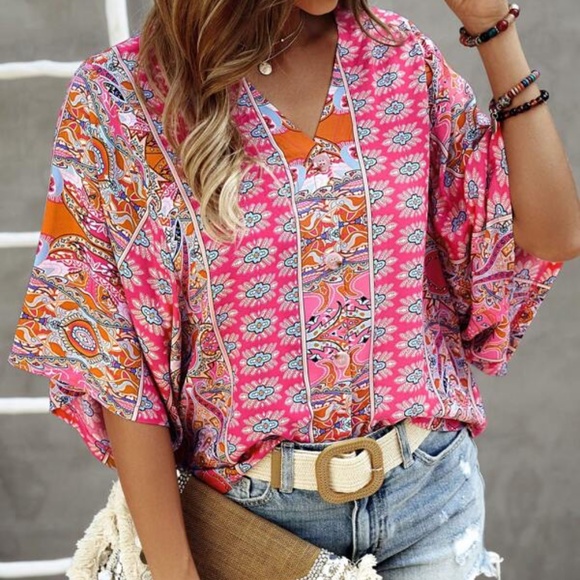Boho Pink Print Button Oversized Blouse - Picture 1 of 4